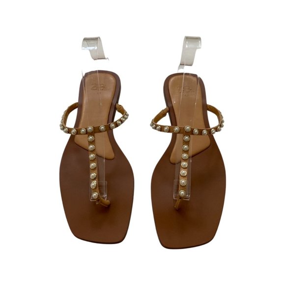 Zara Brown Thong Pearl Detail Sandals Size 41
